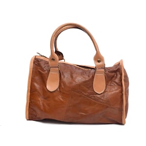 Vintage 90s Real Leather Patchwork Handbag Brown Satchel Purse