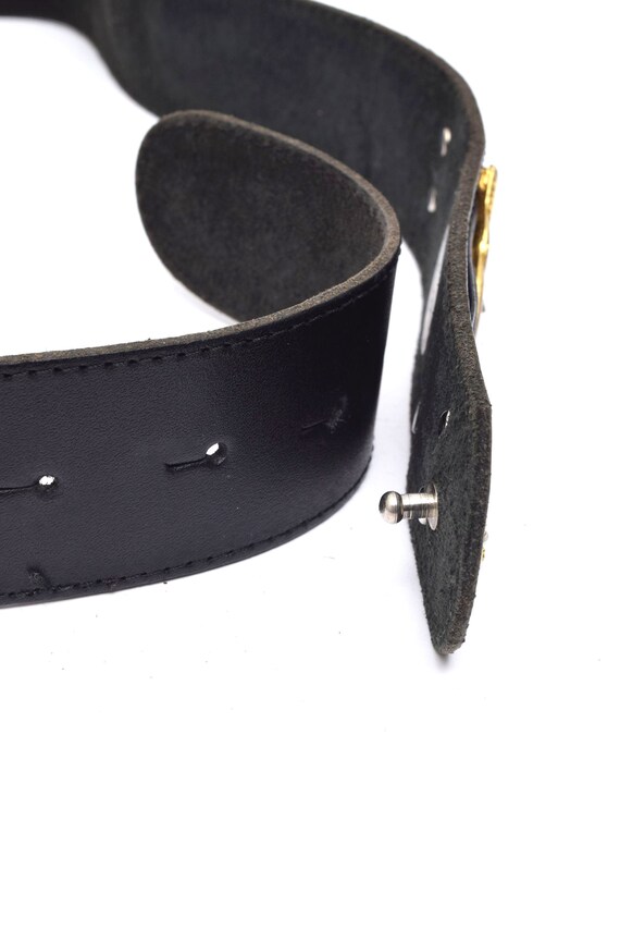 Vintage 90's Black Leather Belt with Gold Art Dec… - image 6