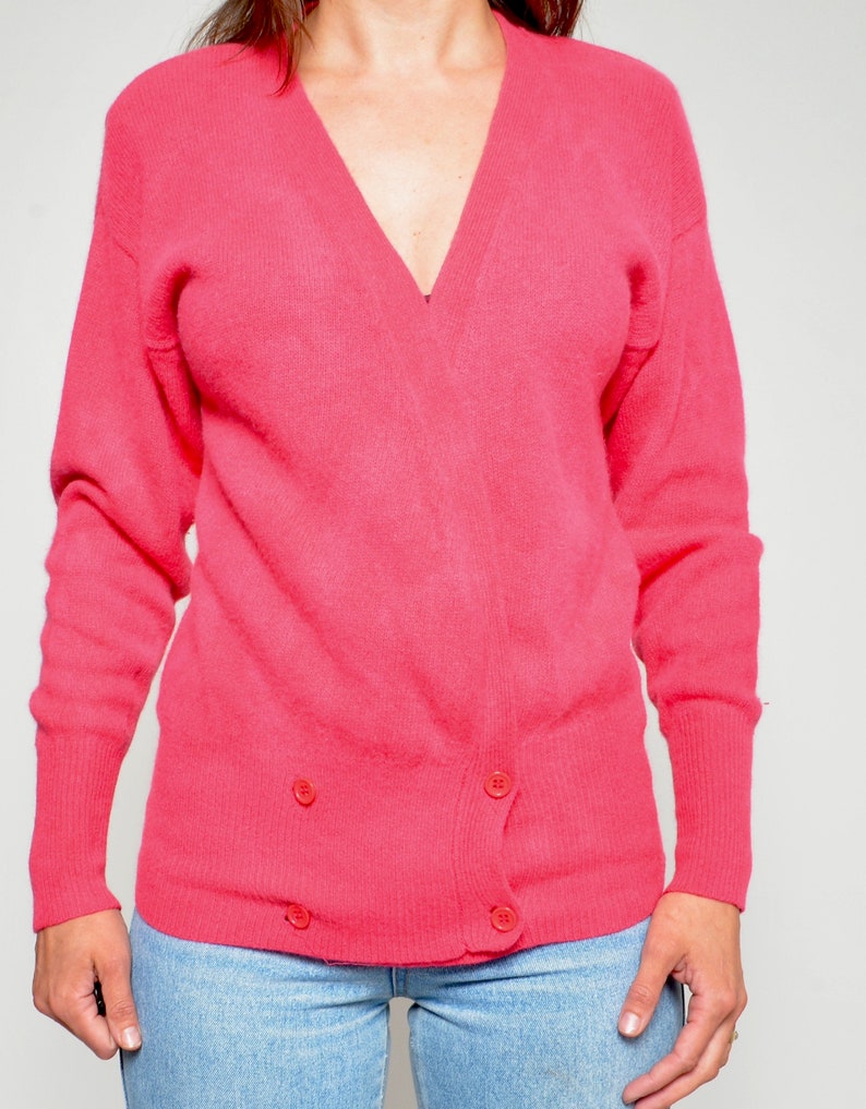 Angora Wool Cardigan / Vintage 80s Bright Pink Button Sweater Size Small image 10