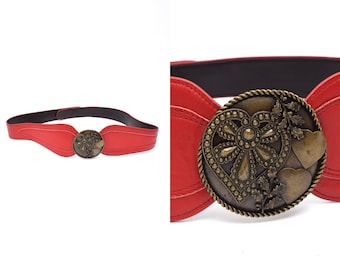 Vintage 90's Wide Red Leather Belt with Large Bronze  Metal Buckle and Hearts