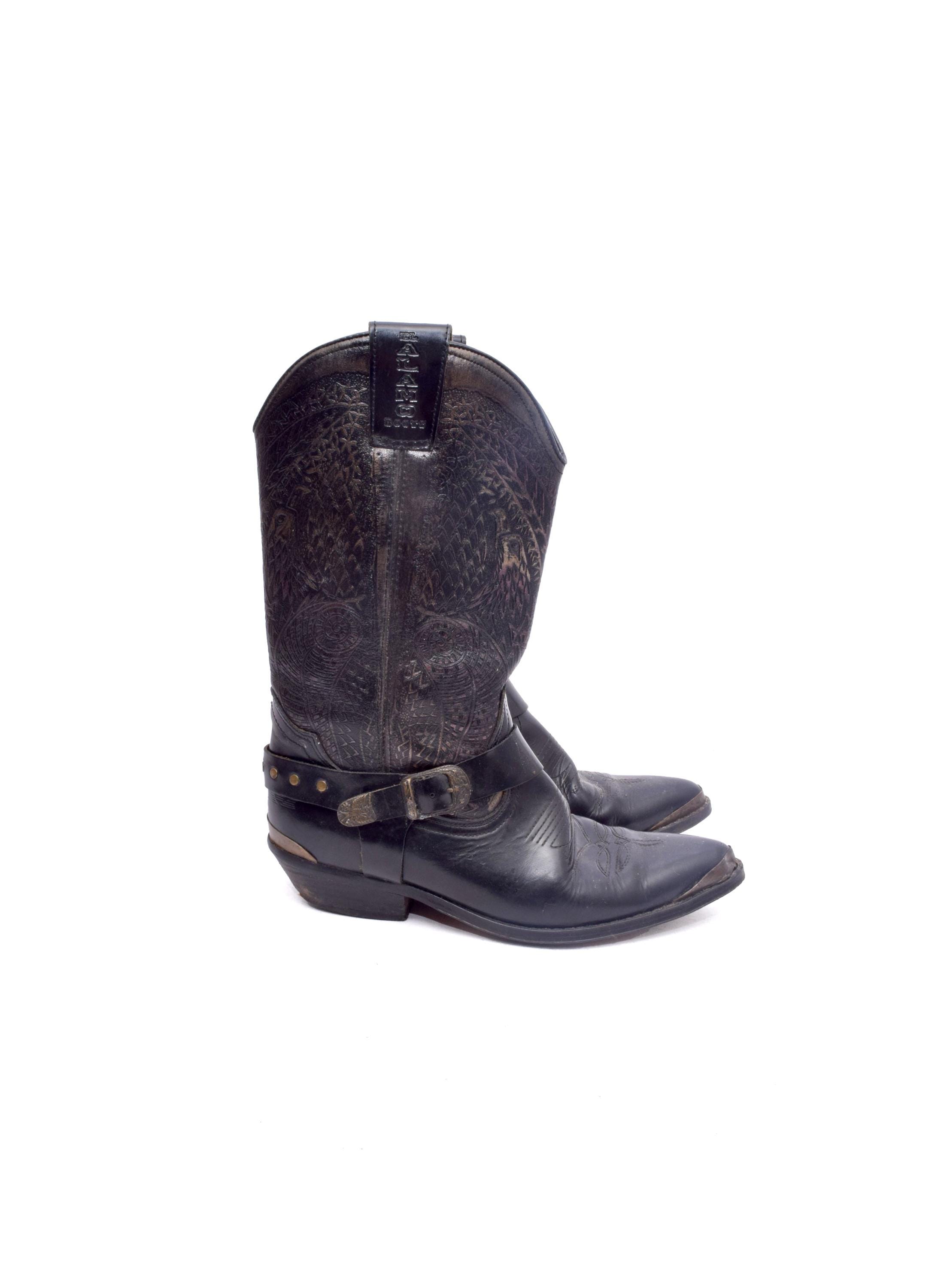 Vintage 90s Black Leather Western Boots, Eagle Design, US 9 - Etsy