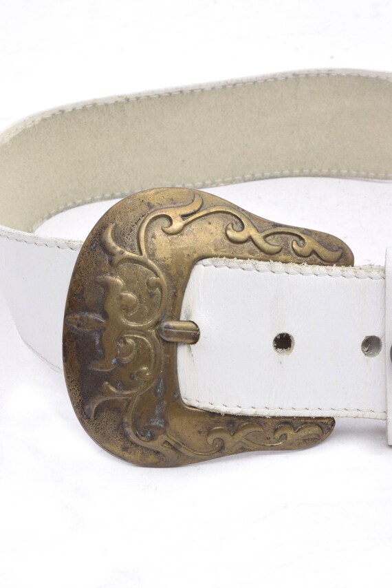 VINTAGE wide LEATHER BELT with big brass buckle M wolksprong Women main image 3