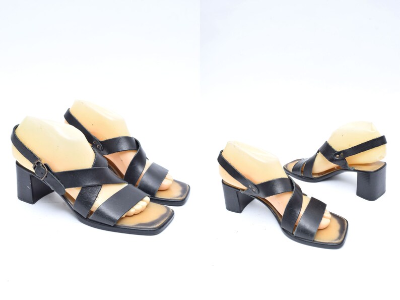 Vintage 90/'s Black Leather Strappy Sandals with Buckles Size 37
