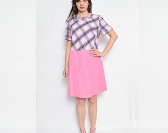 Vintage 70's Pink Pleated Dress / Plaid Pink Dress / Short Sleeve Pleated Dress