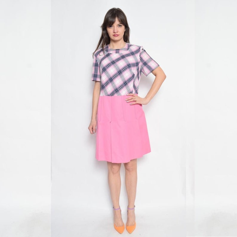 Vintage 70/'s Pink Pleated Dress Plaid Pink Dress Short Sleeve Pleated Dress
