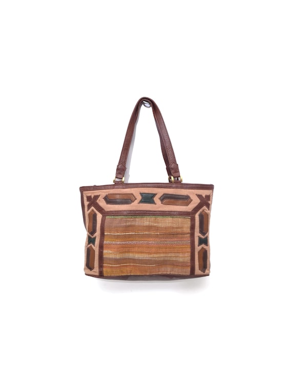 Vintage 90s Valerie Banard Textile Tote Bag Leather Trim Boho Handbag