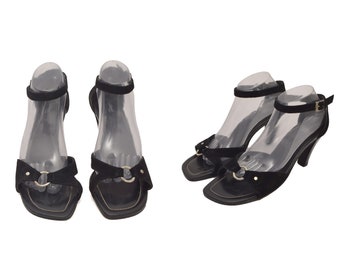 Vintage 90s Black Suede Strappy Sandals: O-Ring Leather Heels, UK Size 8