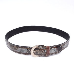 Vintage 90&#39;s Brown and Red Embossed Leather Cowboy Belt with Silver Horseshoe Buckle