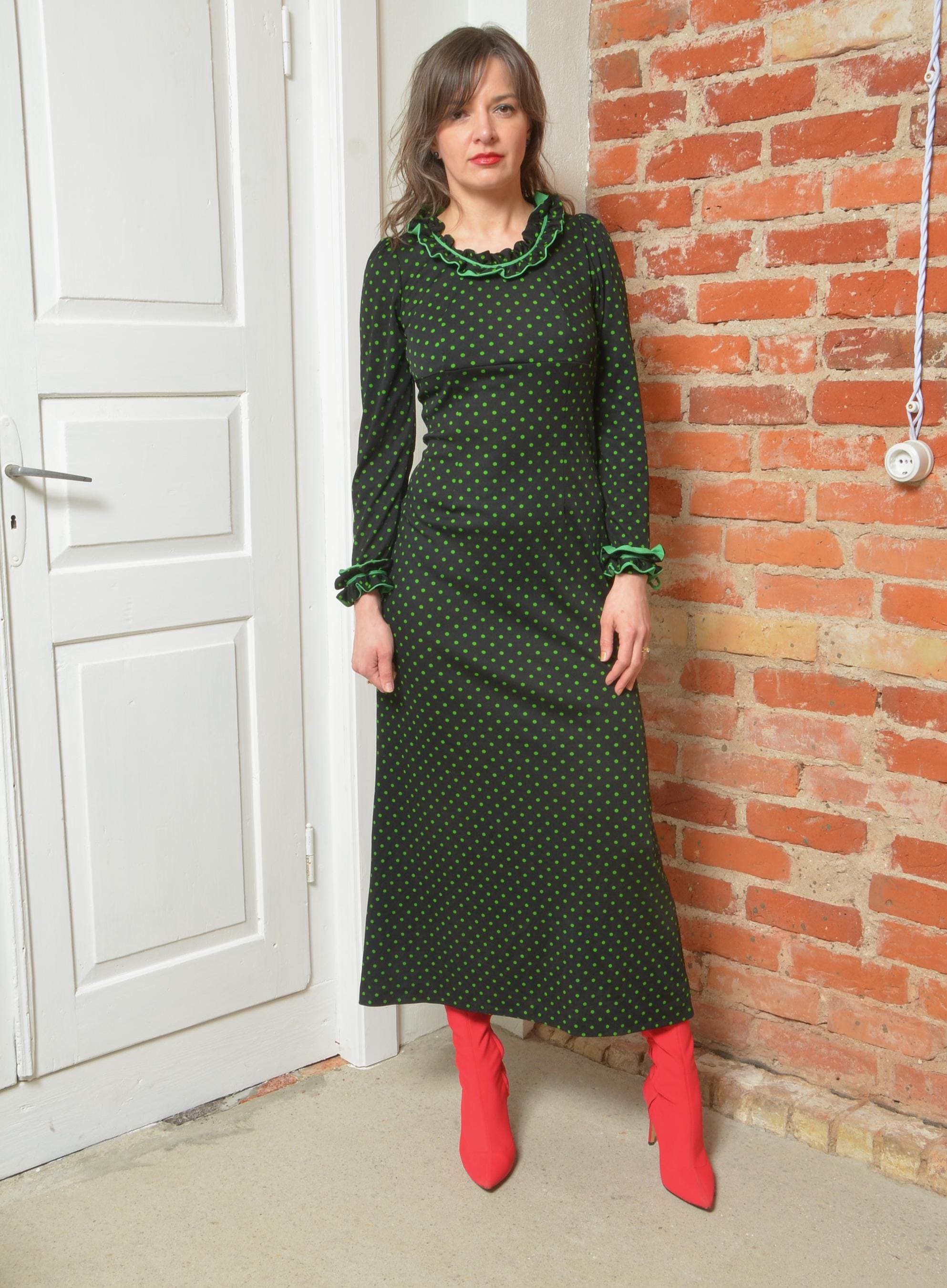 Vintage 70s Polka Dot Long Sleeve Ruffled Maxi Dress - Size Small - Etsy
