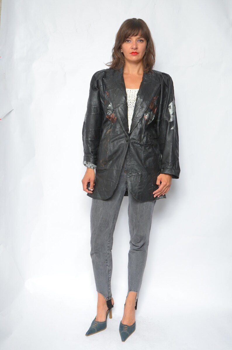 Patchwork Real Leather Oversized Jacket Vintage 80s Big Sleeve One Button Embellished batwing Genuine Leather Jacket Size Small