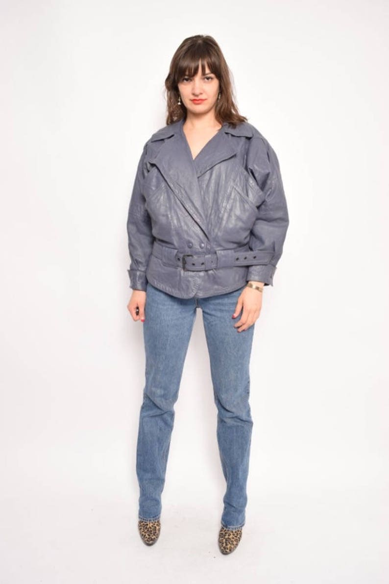 Vintage 80/'s Grey Genuine Leather Batwing Jacket Blue Grey Real Leather Jacket Belted Leather Pocket Jacket Size Small