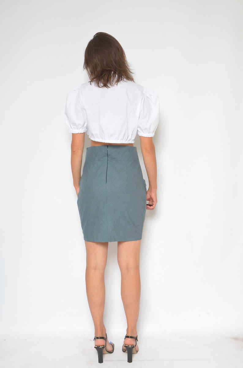 Linen Pocket Skirt / Vintage 90s High Waist Gray Shor Mini Skirt Size Small image 8