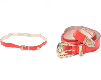 Vintage 90's Red Genuine Leather Western Style Belt with Silver and Gold Southwest Buckle