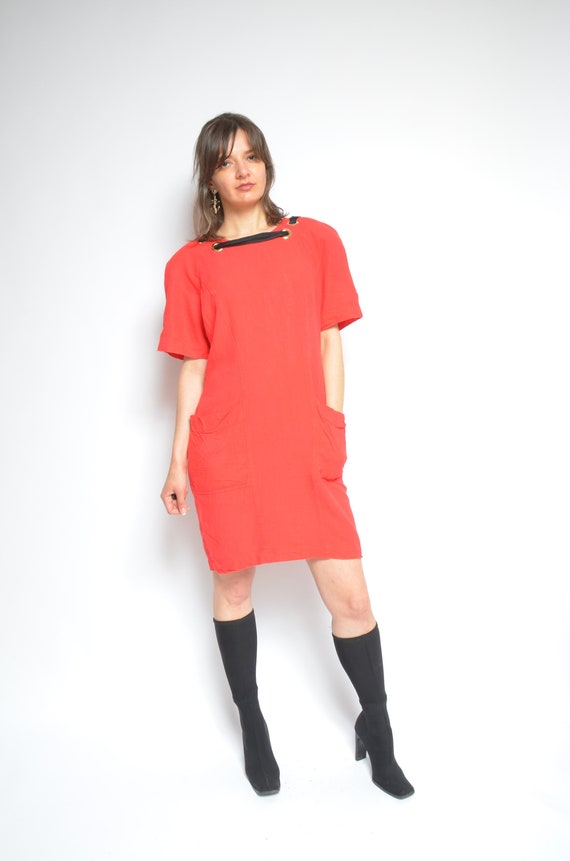 Embellished Linen Dress / Vintage 90s Short Sleev… - image 6