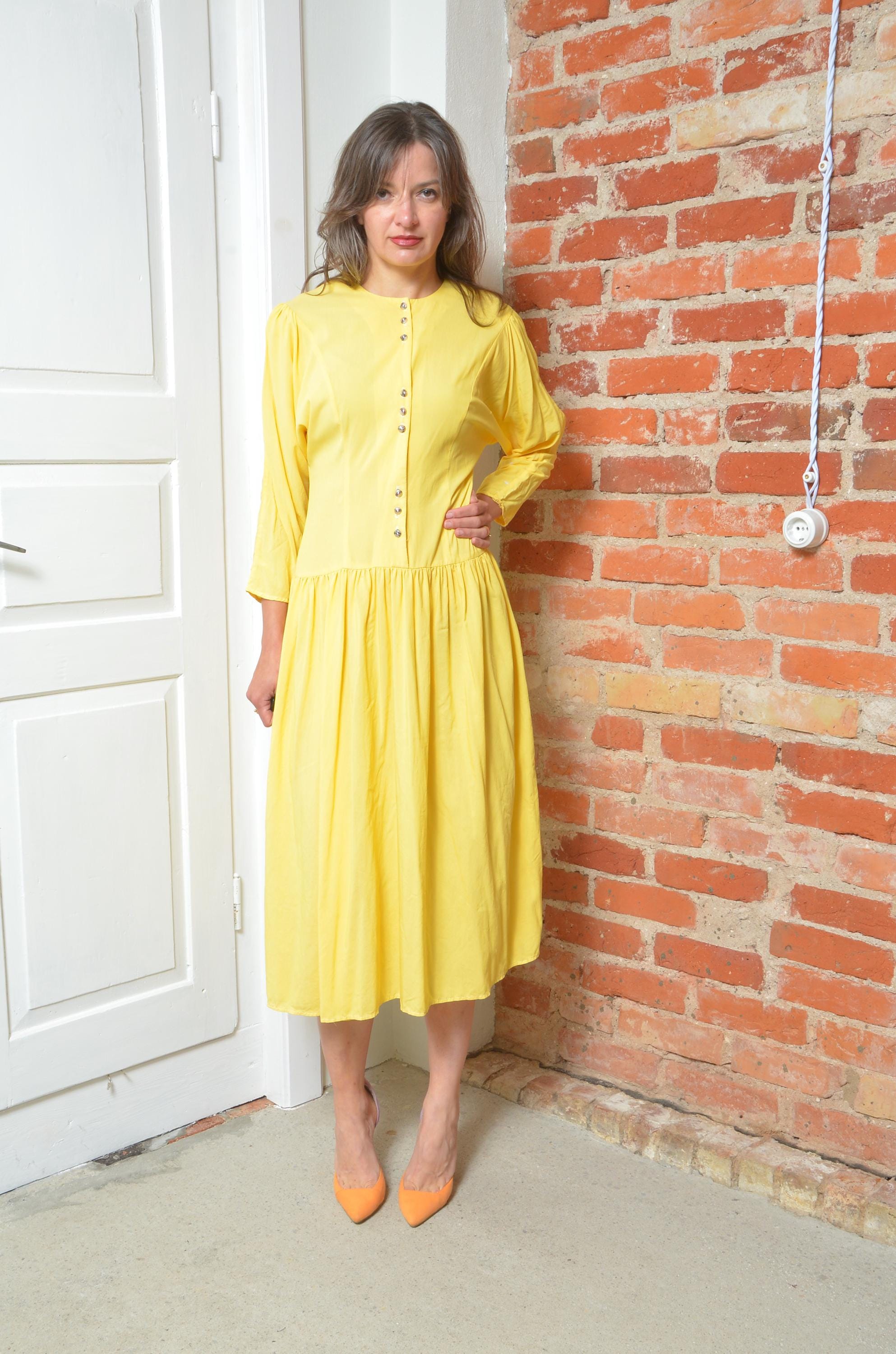 knee length dresses for ladies The Buttercup Embroidered Front Button Midi Dress (Yellow) | Love Cherish main image 1
