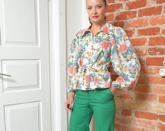 Vintage 80s Puff Sleeve Floral Blouse with Tie Waist – Size Small