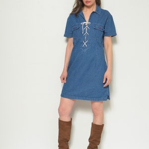 Vintage 90's Lace Up Denim Dress / Short Sleeve Jean Mini Dress Size XL image 3