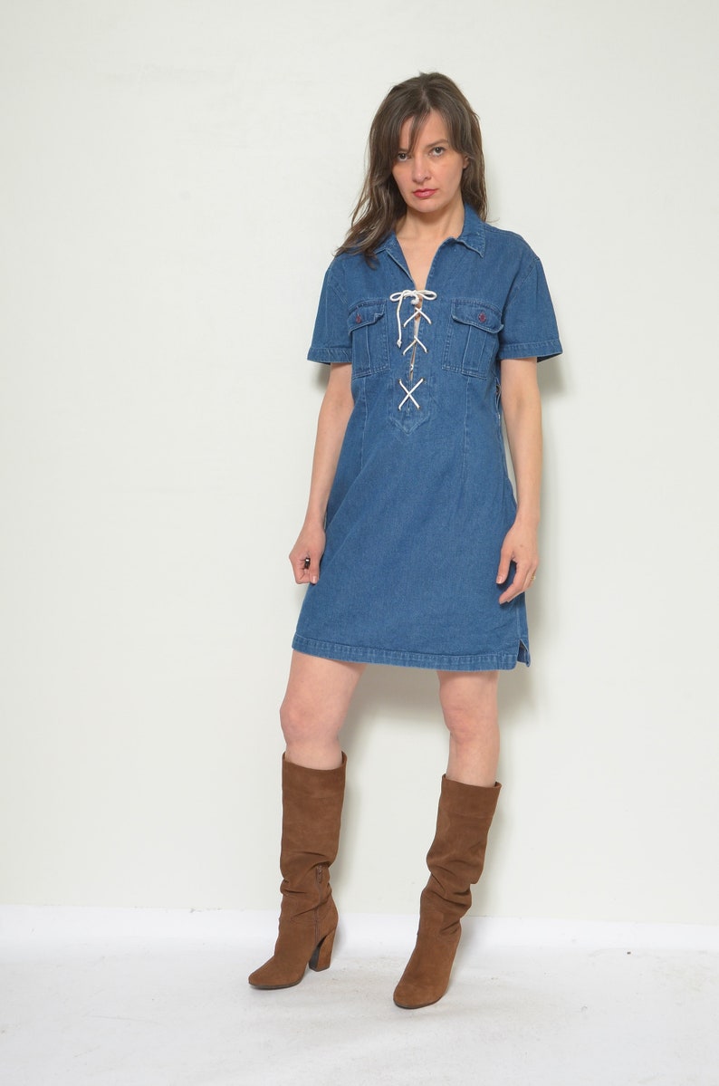 Vintage 90's Lace Up Denim Dress / Short Sleeve Jean Mini Dress Size XL image 3