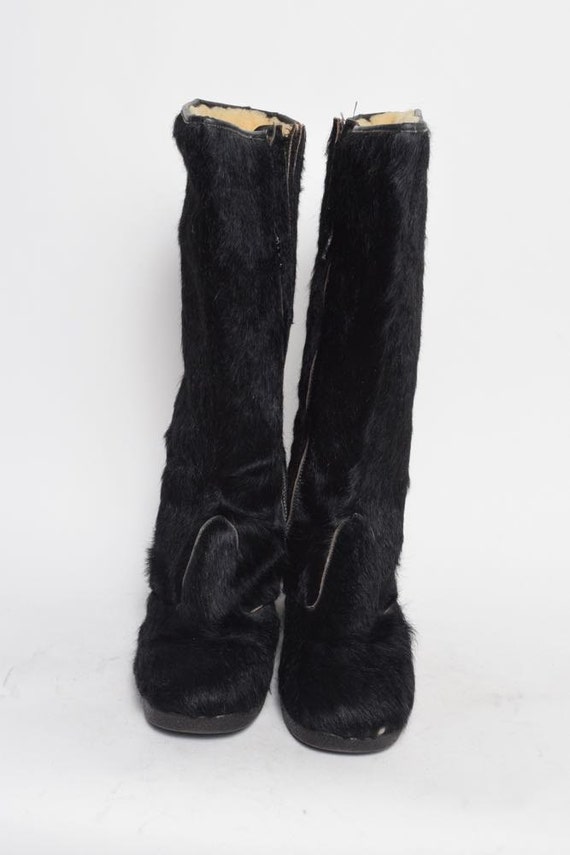 Vintage 70's Black Fur Chunky Heel Shoes Boots - image 3