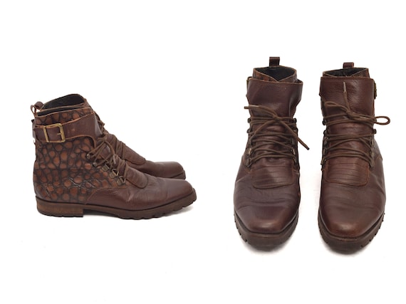 Vintage 90s Brown Lace up Genuine Leather Boots With Brass