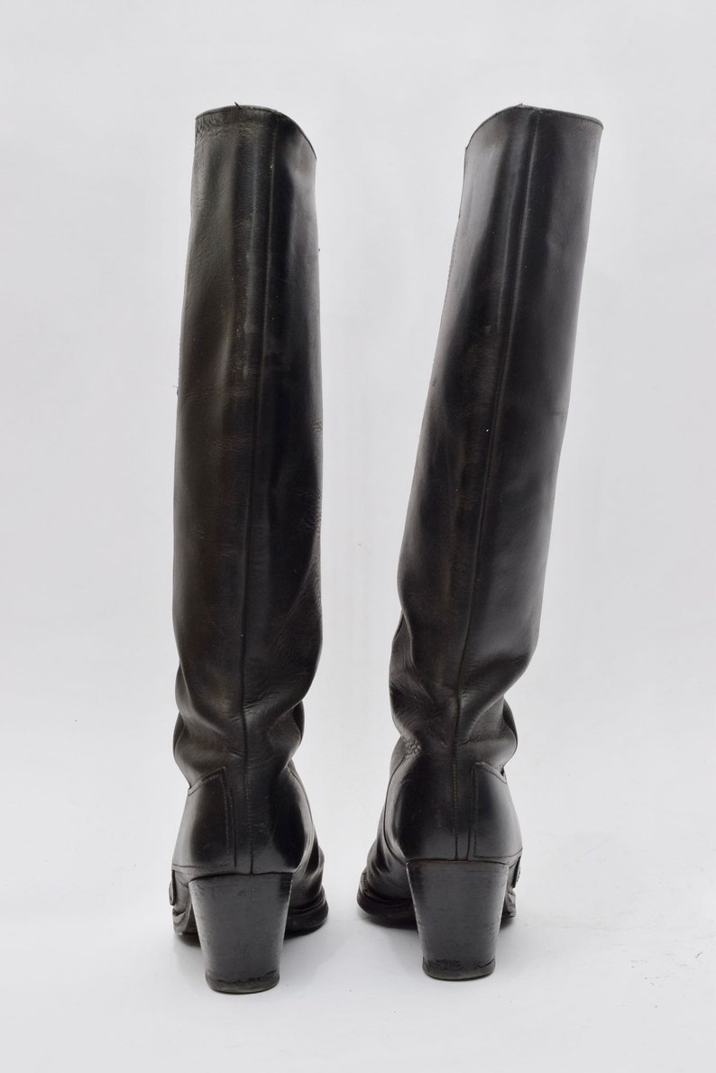 Vintage 90's Tall Black Slip On Chunky Heel Leather Boots / Black Leather Boots image 5