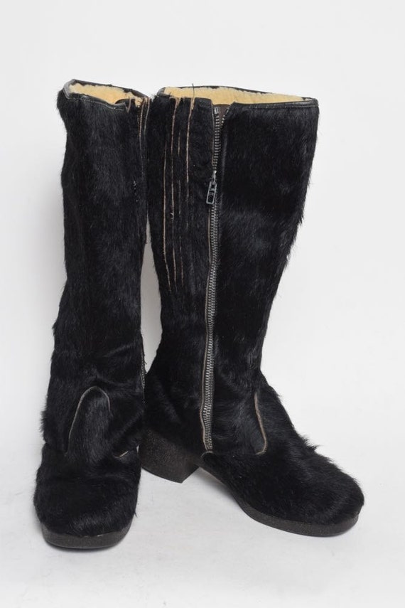 Vintage 70's Black Fur Chunky Heel Shoes Boots - image 1