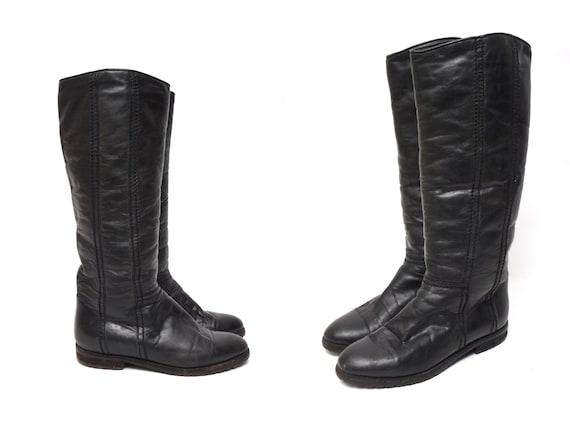 Vintage 90s Tall Black Leather Boots - Faux Fur Lined (Size 5.5 US)