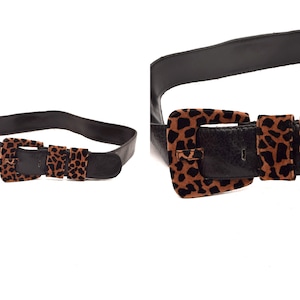 Vintage 80&#39;s Black Leather Belt with Leopard Fabric Print Buckle 07 20