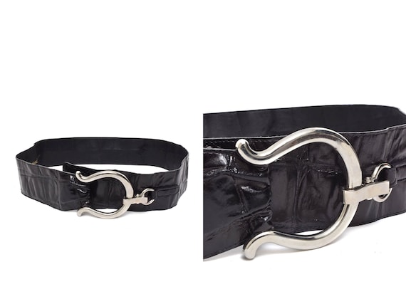 Vintage 90s Black Patent Leather Belt: Wide Alligator Style  display picture 3