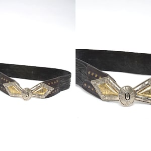 Vintage 90&#39;s Wide Black Leather Belt with Large Silver and Gold Clasp Buckle