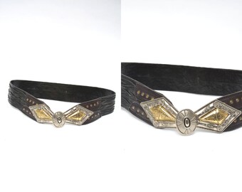 Vintage 90's Wide Black Leather Belt with Large Silver and Gold Clasp Buckle