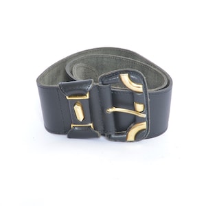 Vintage 80&#39;s Wide Black Real Leather Belt with Large Buckle