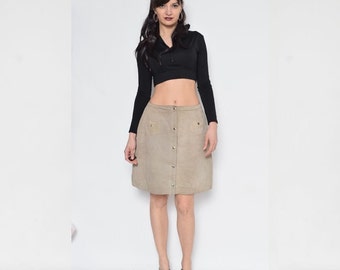 Vintage 70's Beige Suede Leather Skirt / Suede Snap Button Skirt / Beige Suede Mini Skirt - Size Medium