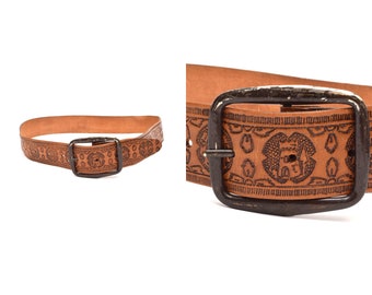 Vintage 90's Wide Brown Embossed Leather Western Belt with Eagles, Castles and Deer Images and Large Brass Buckle