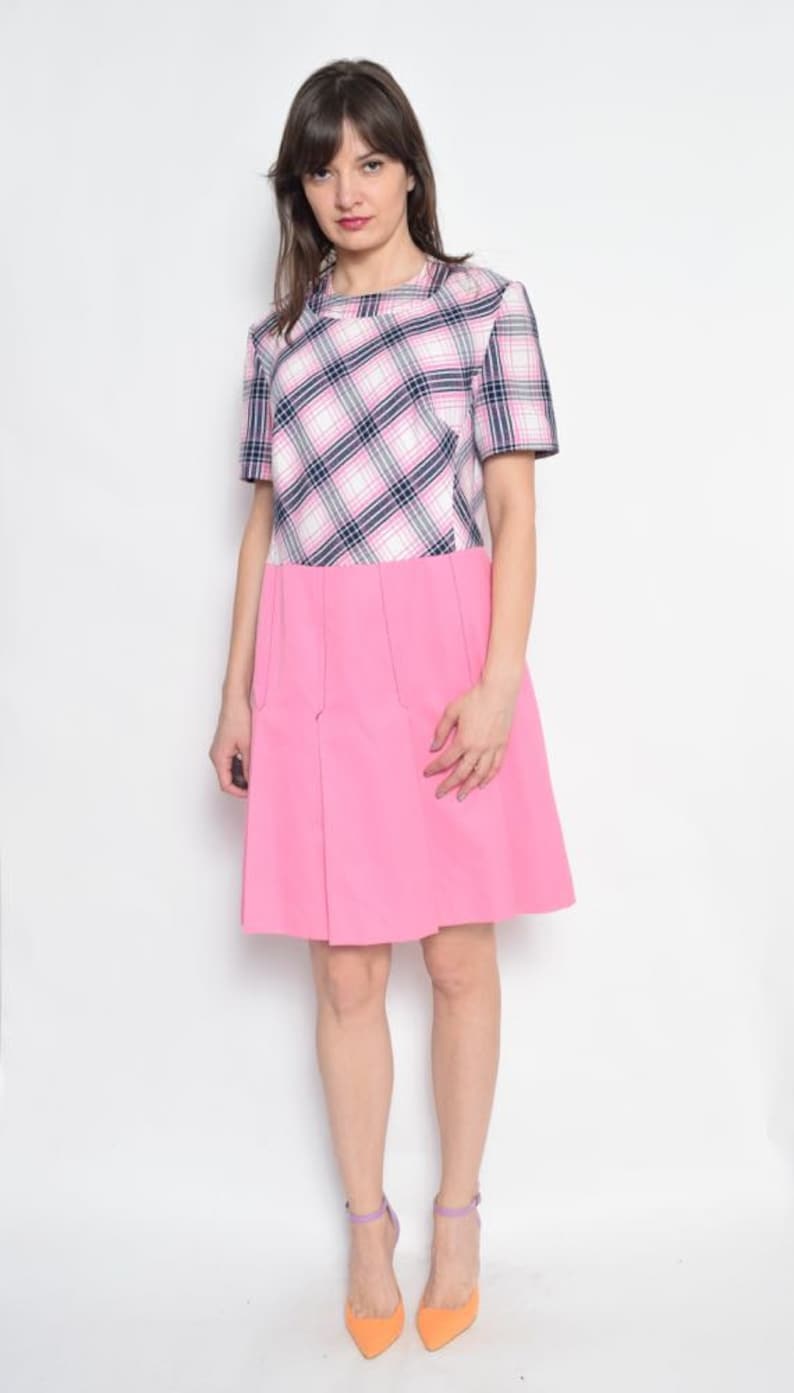 Vintage 70/'s Pink Pleated Dress Plaid Pink Dress Short Sleeve Pleated Dress