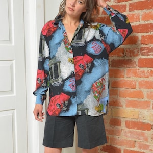 Vintage shirt met abstracte print – jaren 90 button-down top met lange mouwen – maat medium