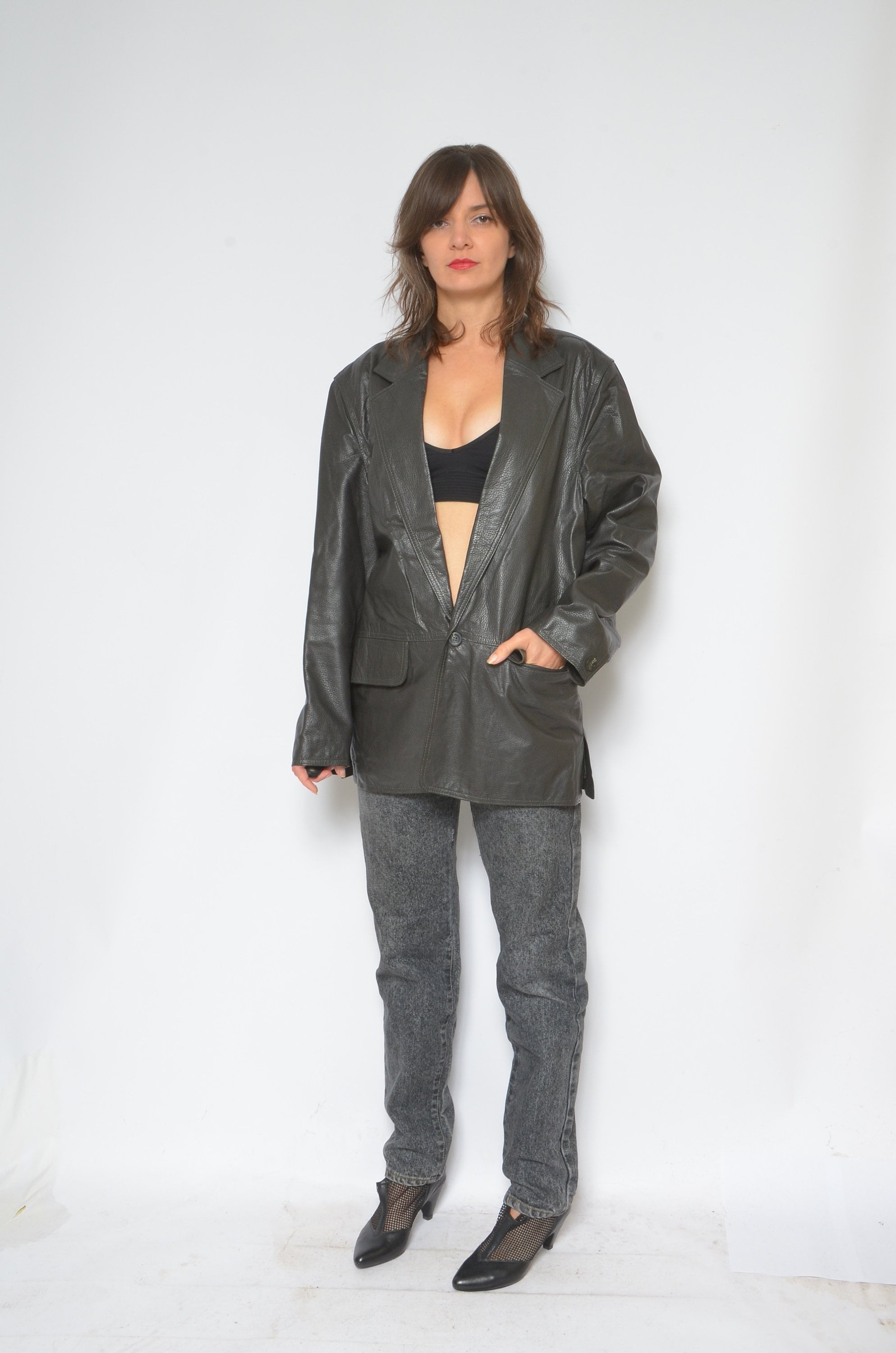 Real Leather Button Blazer / Vintage 80s Genuine Leather Pocket Jacket - Size Medium