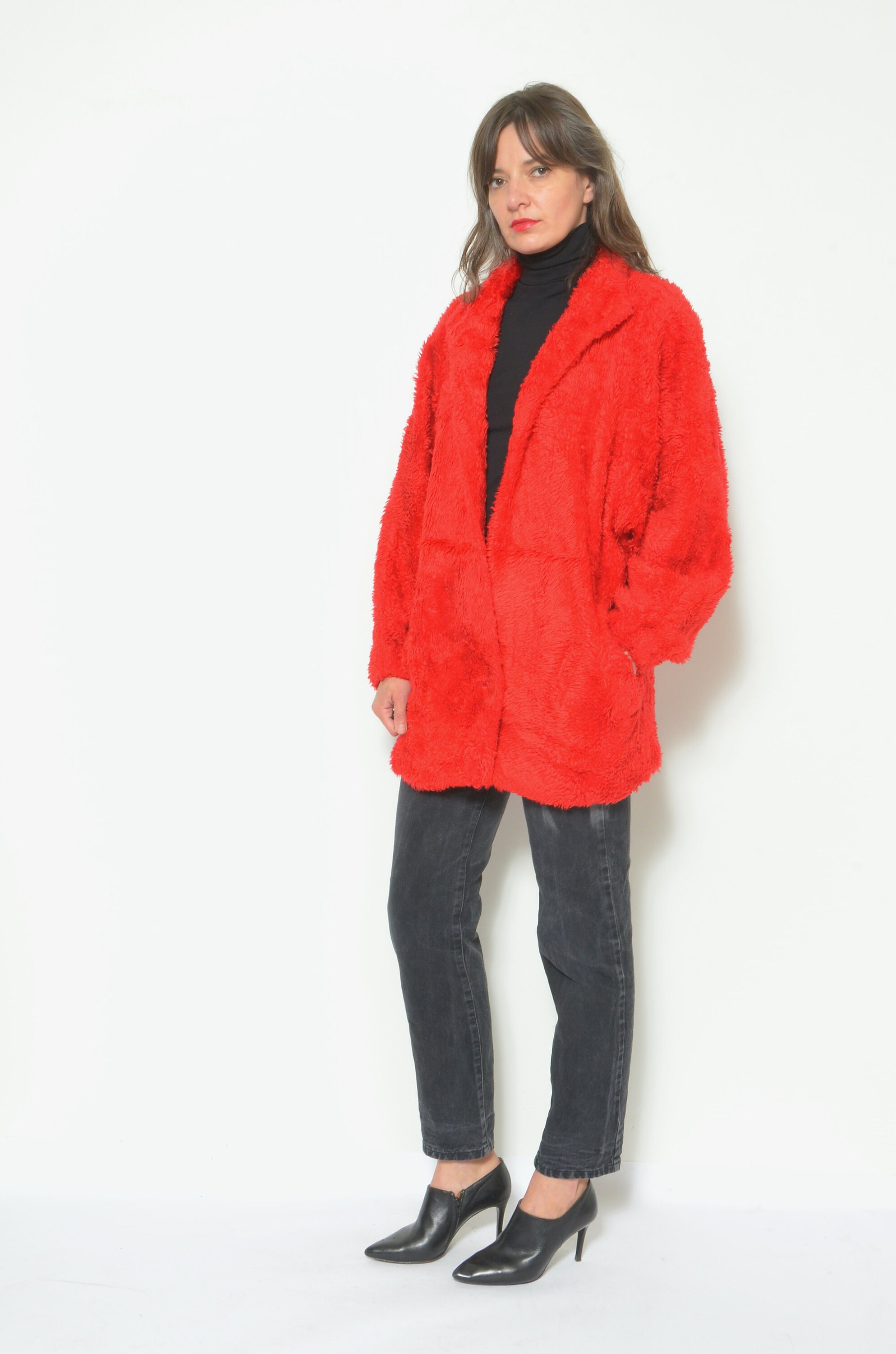 Vintage 80s Faux Fur Coat: Bright Red Oversized Jacket (size