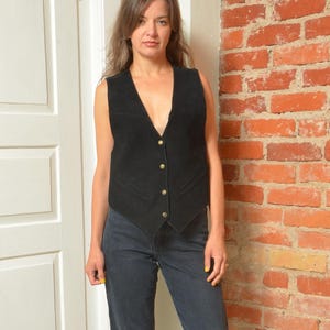 Vintage Black Suede Leather Vest Women’s Size M – Western Button Up Waistcoat