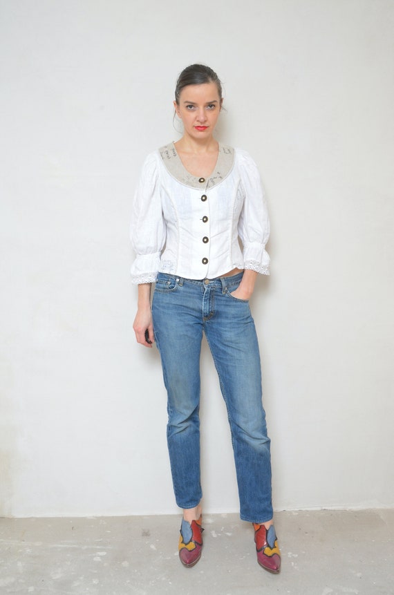 Linen Folk Blouse / Vintage 90s Puffy Big Sleeve … - image 2