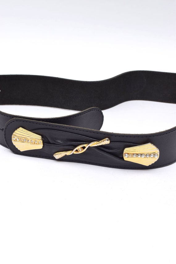 Vintage 90's Black Leather Belt with Gold Art Dec… - image 3