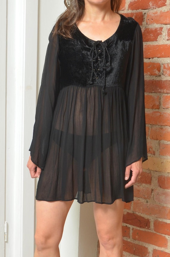 Vintage Gothic Black Mini Dress: Velvet Lace-Up Corset, Sheer Sleeves