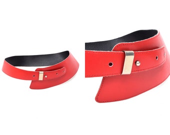 Vintage 90's Red Leather Wide Angular Belt with Silver Loop and Stud Closure