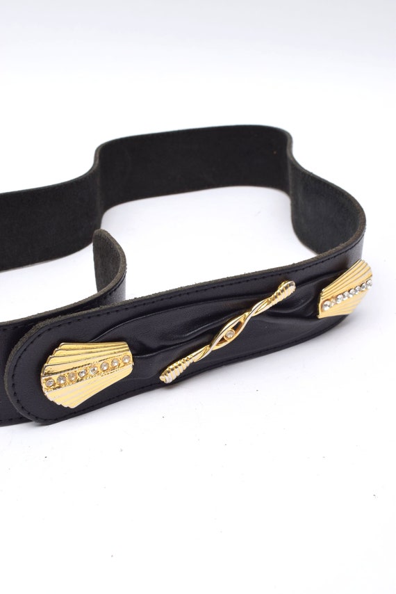 Vintage 90's Black Leather Belt with Gold Art Dec… - image 5