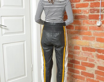 Vintage 80s Black Leather Racing Pants With Yellow & White Stripes