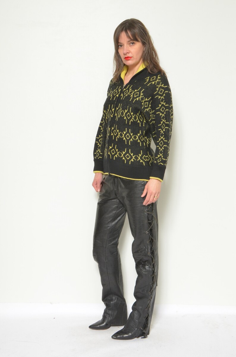 Vintage Wool Zipper Cardigan / Geometric Pattern Yellow And Black Sweater Size Small image 5