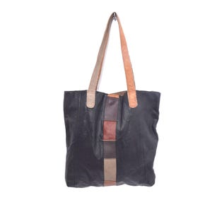 Bolso de mano vintage de piel auténtica negra de los años 80 con cuadrados de piel marrón