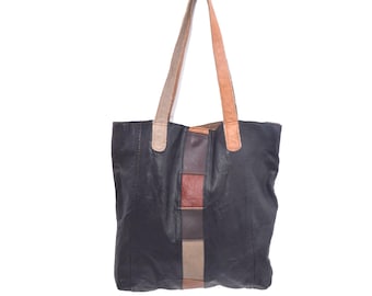 Sac fourre-tout vintage des années 80 en cuir véritable noir avec carrés en cuir marron