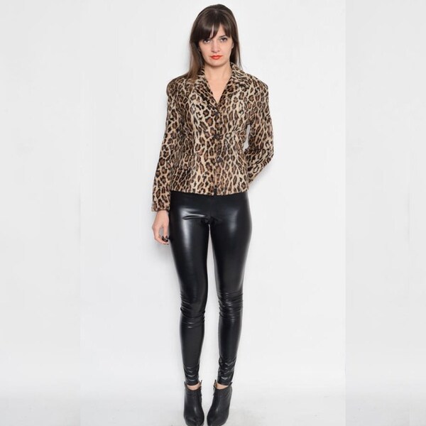 Vintage años 90 peluche leopardo botones chaqueta