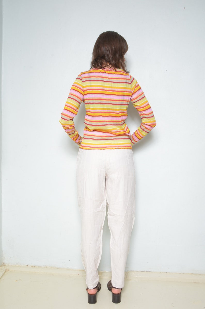 Size Medium Colorful Mesh Top Vintage 90s Long Sleeve Striped Multi Color See Through Blouse